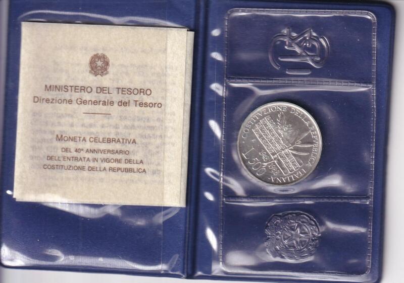 Moneta Italia 40esimo anniversario Costituzione Italiana Lire 500 Anno 1988