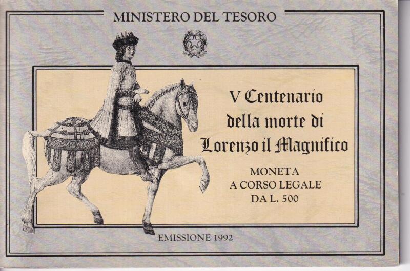 Moneta Italia Lorenzo Il Magnifico Lire 500 Anno 1992