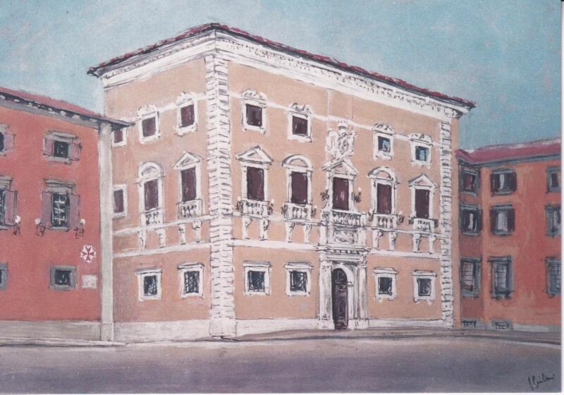 Cartolina Pisa Istituzione dei Cavalieri di Santo Stefano Palazzo del Consiglio dei Dodici del S.M.O. di S. Stefano P.M. Piazza dei Cavalieri Riproduzione di dipinto di Giovanni Giuliani