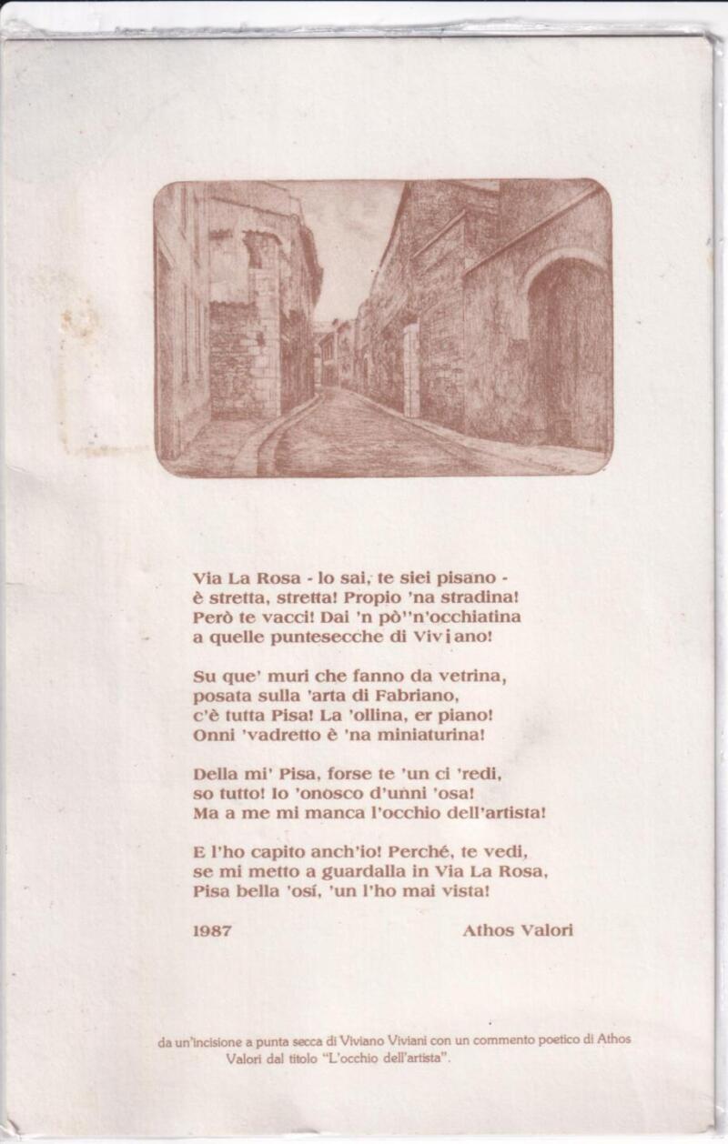 Cartolina Pisa con immagine da un'incisione a punta secca di Viviano Viviani con un commento poetico di Athos Valori dal titolo L'occhio dell'artista - con messaggio e firma autografa di Athos Valori