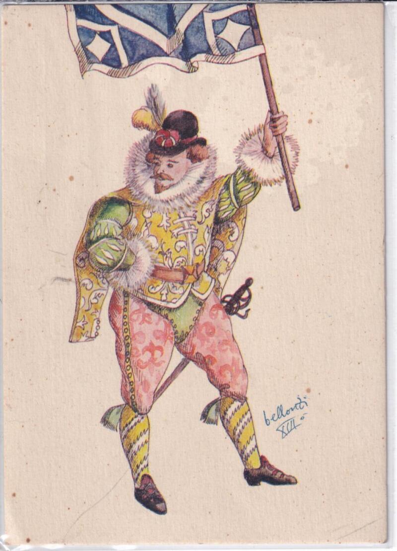 Cartolina Pisa Figura in costume del Gioco del Ponte della serie “opera Bellonzi” bandiera Santa Maria XIII