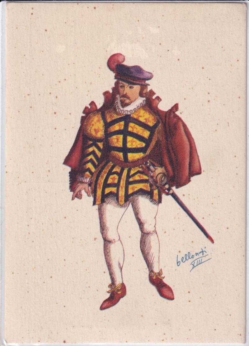 Cartolina Pisa Figura in costume del Gioco del Ponte della serie “opera Bellonzi” XIII