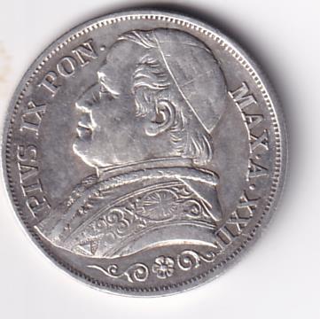 Moneta PIVS IX PON. MAX. A. XXII - Stato Pontificio 1867 2 Lire