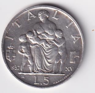 Moneta Regno d'Italia VITTORIO EMANUELE III RE D’ITALIA E IMPERATORE - ITALIA Lire 5 1937 XV