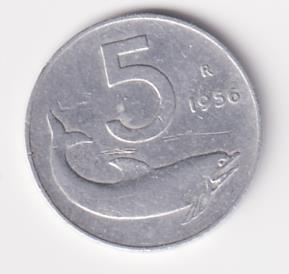 Moneta Italia Anno 1956 Lire 5 Delfino