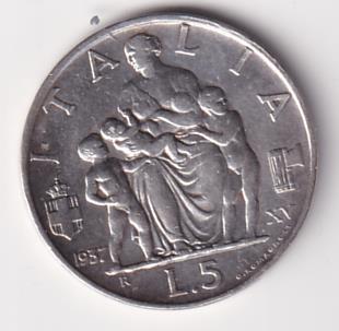 Moneta Regno d'Italia VITTORIO EMANUELE III RE D’ITALIA E IMPERATORE - ITALIA Lire 5 1937 XV