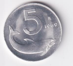Moneta Italia Anno 1969 Lire 5 Delfino cifra 1 dell'anno capovolta invertita Non Comune
