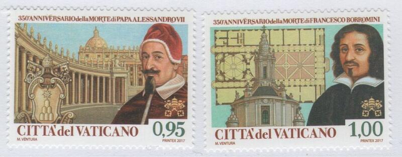 Francobolli Vaticano Anno 2017 350esimo anniversario della morte di Papa Alessandro VII e di Francesco Borromini