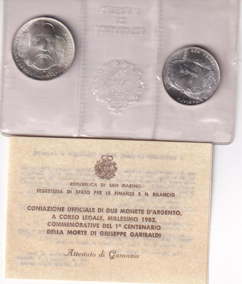 Monete San Marino Anno 1982 Commemorative del Primo centenario della morte di Giuseppe Garibaldi Lire 1000 e Lire 500