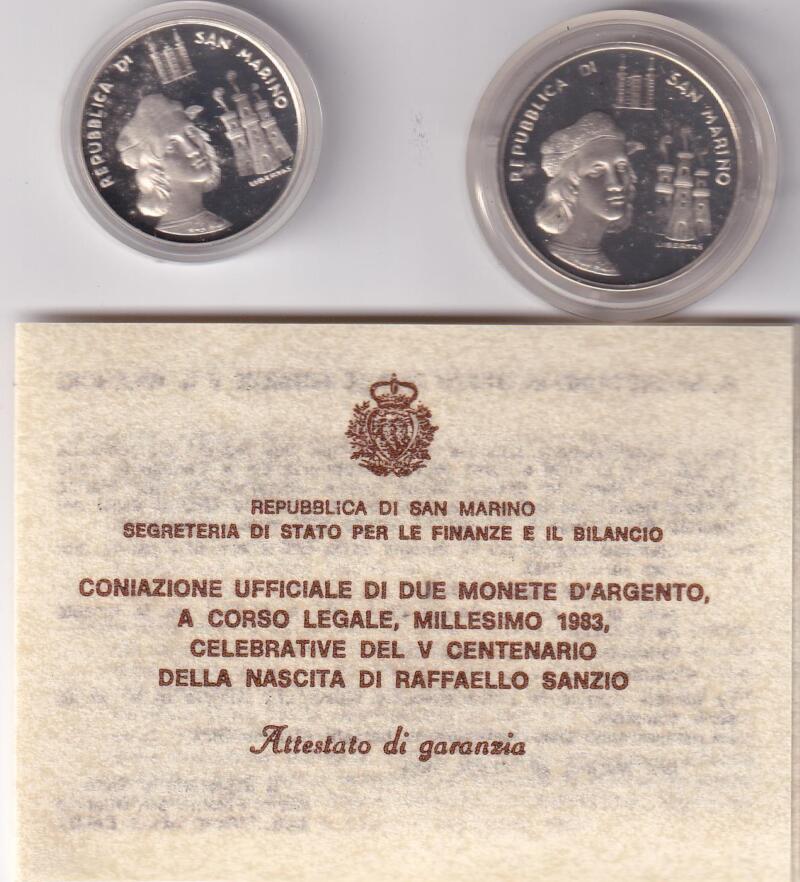 Monete San Marino Anno 1983 Celebrative del quinto centenario della nascita di Raffaello Sanzio Lire 1000 e Lire 500