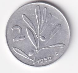 Moneta Italia Anno 1958 Lire 2 Ulivo