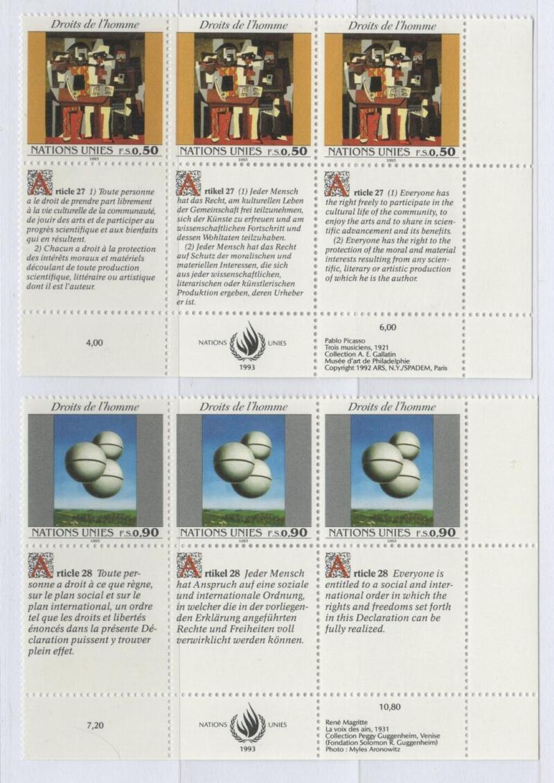 Francobolli Nazioni Unite - ONU Ufficio di Ginevra Anno 1993 Dichiarazione Universale dei Diritti dell'Uomo Dipinti di P. Picasso e di R. Magritte Quinta serie