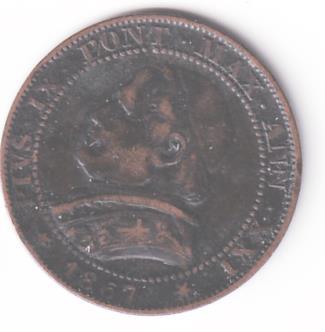 Moneta Stato Pontificio PIVS IX PONT. MAX. ANN. XXI 1867 1 Soldo R 5 Centesimi