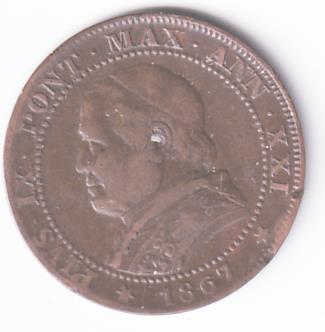 Moneta Stato Pontificio PIVS IX PONT. MAX. ANN. XXI 1867 1 Soldo R 5 Centesimi