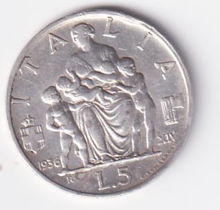 Moneta Regno d'Italia VITTORIO EMANUELE III RE D'ITALIA E IMPERATORE - ITALIA Lire 5 1936 XIV