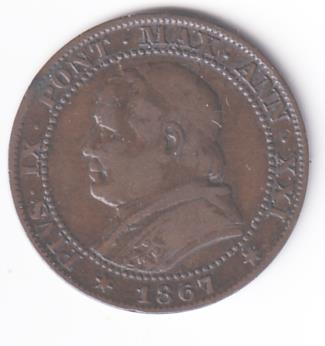 Moneta Stato Pontificio PIVS IX PONT. MAX. ANN. XXI 1867 1 Soldo R 5 Centesimi