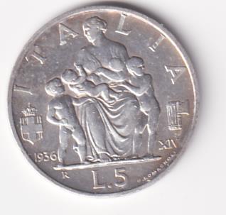 Moneta Regno d'Italia VITTORIO EMANUELE III RE D’ITALIA E IMPERATORE - ITALIA Lire 5 1936 XIV