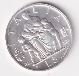 Moneta Regno d'Italia VITTORIO EMANUELE III RE D’ITALIA E IMPERATORE - ITALIA Lire 5 1936 XIV