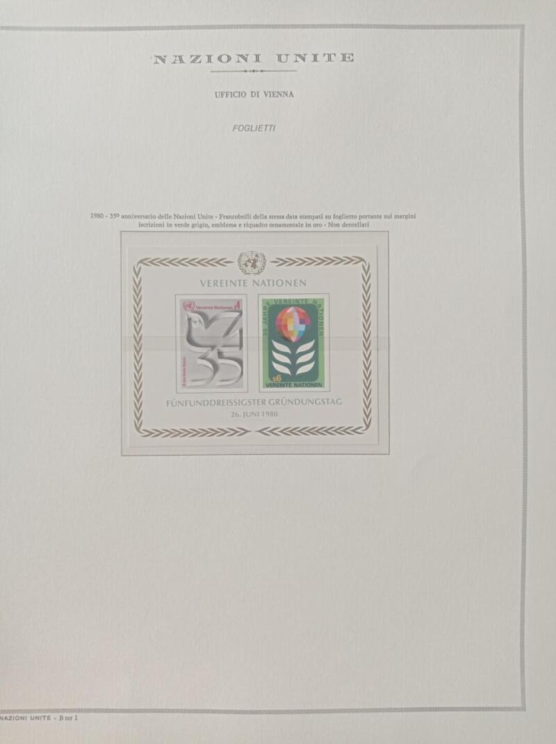 Foglietto Nazioni Unite – Ufficio di Vienna Anno 1980 35esimo anniversario delle Nazioni Unite Montato su foglio Marini King usato (il foglio King è in omaggio)