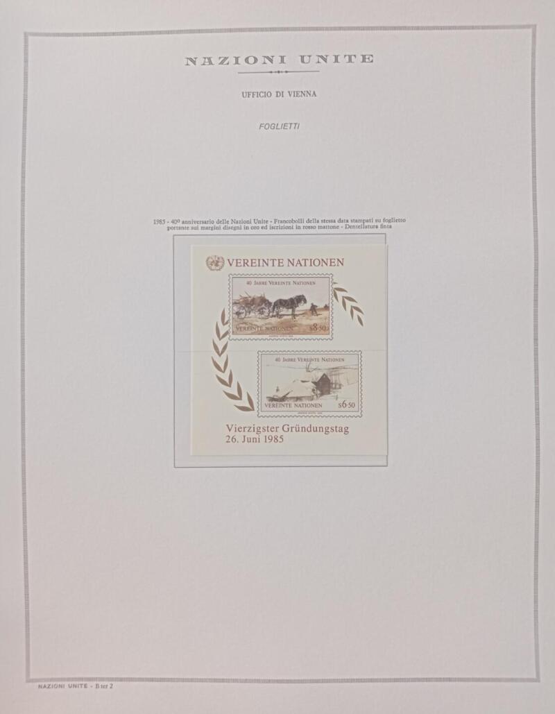Foglietto Nazioni Unite – Ufficio di Vienna Anno 1985 40esimo anniversario delle Nazioni Unite Montato su foglio Marini King usato (il foglio King è in omaggio)