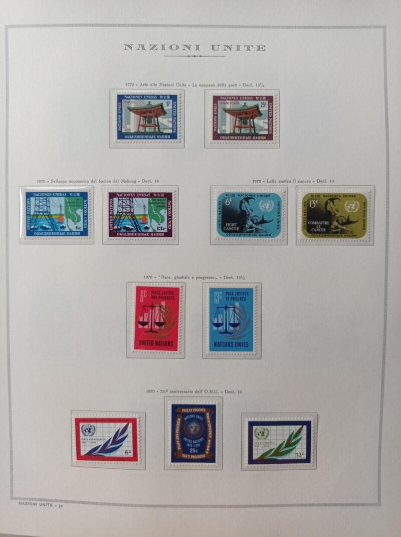 Francobolli Nazioni Unite - Ufficio di New York Anno 1970 Annata completa Montata su foglio Marini King usato (il foglio King è in omaggio)