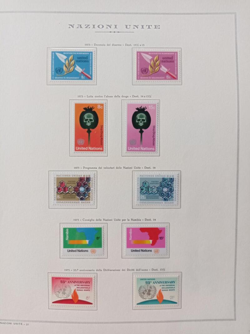 Francobolli Nazioni Unite - Ufficio di New York Anno 1973 Annata completa Montata su foglio Marini King usato (il foglio King è in omaggio)