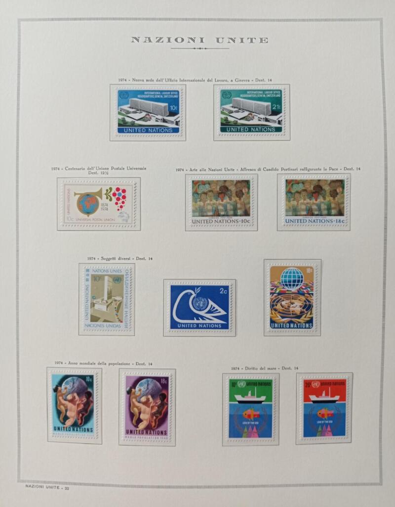 Francobolli Nazioni Unite - Ufficio di New York Anno 1974 Annata completa Montata su foglio Marini King usato (il foglio King è in omaggio)