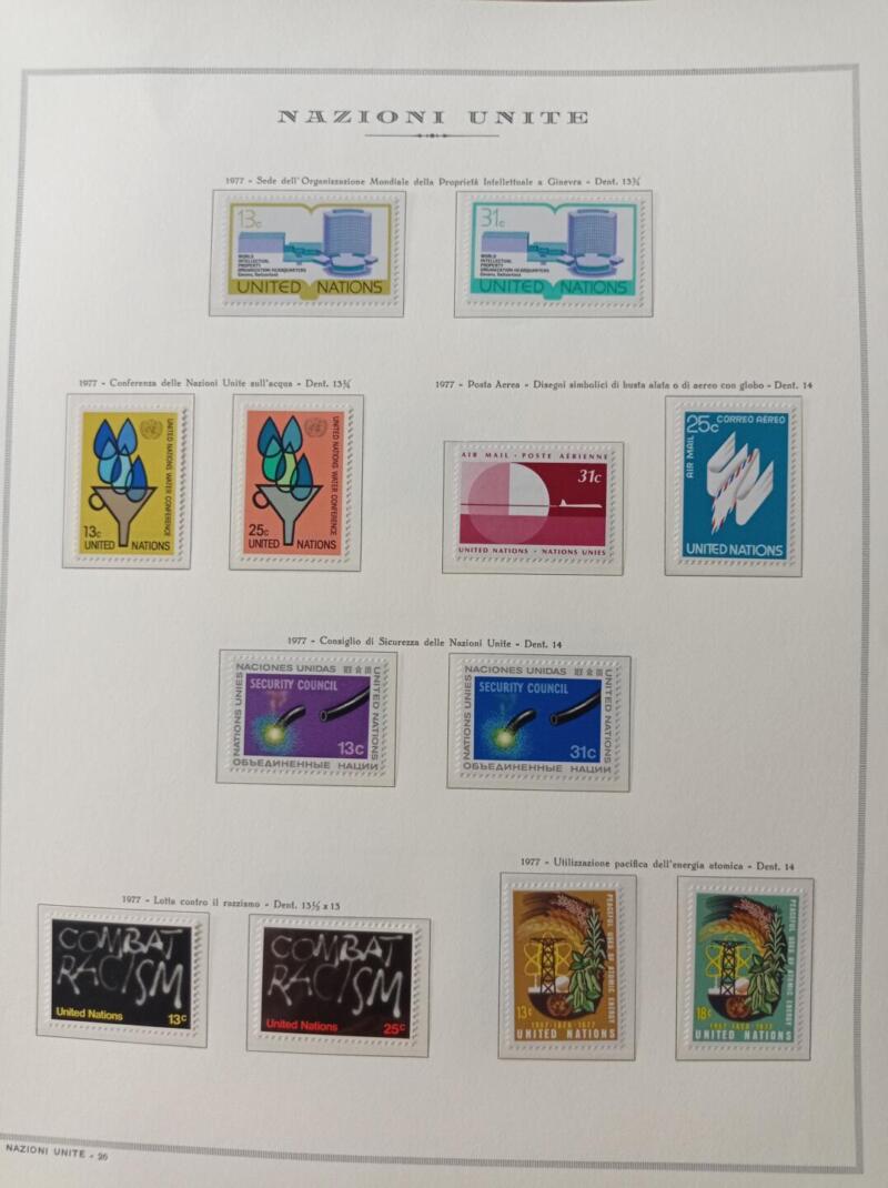 Francobolli Nazioni Unite - Ufficio di New York Anno 1977 Annata completa compresa Posta Aerea Montata su foglio Marini King usato (il foglio King è in omaggio)