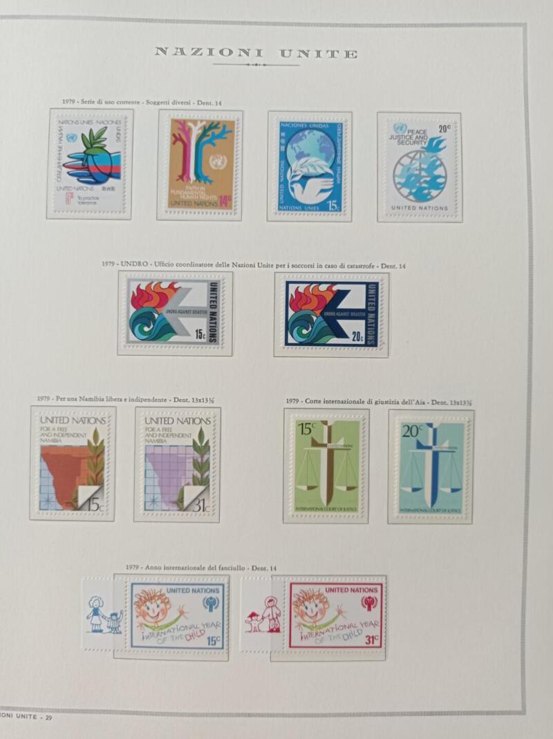 Francobolli Nazioni Unite - Ufficio di New York Anno 1979 Annata completa Montata su foglio Marini King usato (il foglio King è in omaggio)