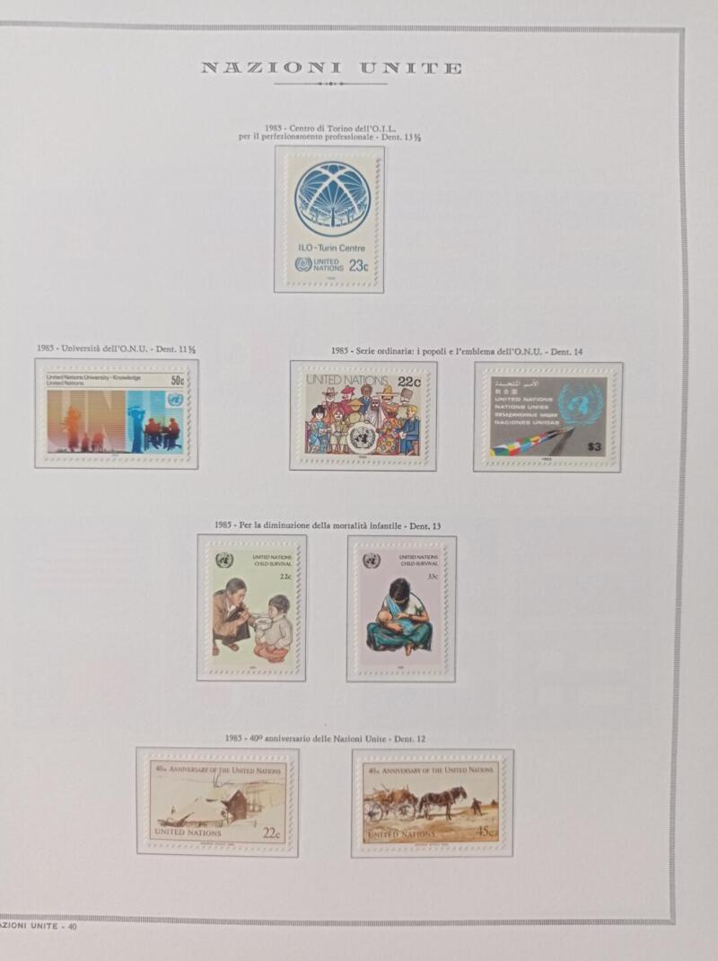 Francobolli Nazioni Unite - Ufficio di New York Anno 1985 Annata completa Montata su fogli Marini King usati (i fogli King sono in omaggio)