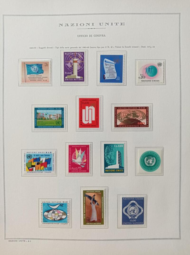 Francobolli Nazioni Unite – Ufficio di Ginevra Anni 1969-1970 Prima serie di posta ordinaria completa Montata su foglio Marini King usato (il foglio King è in omaggio)