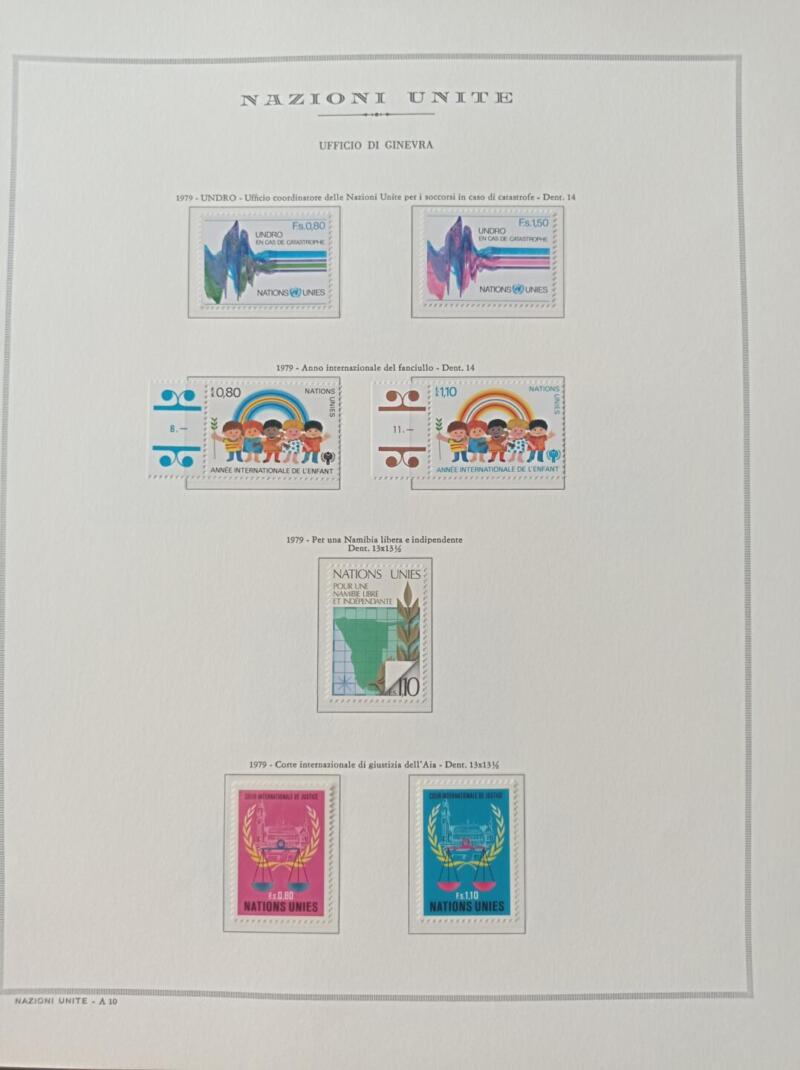 Francobolli Nazioni Unite – Ufficio di Ginevra Anno 1979 Annata completa Montata su foglio Marini King usato (il foglio King è in omaggio)
