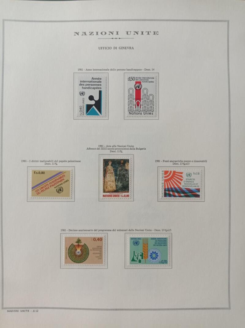 Francobolli Nazioni Unite – Ufficio di Ginevra Anno 1981 Annata completa Montata su foglio Marini King usato (il foglio King è in omaggio)