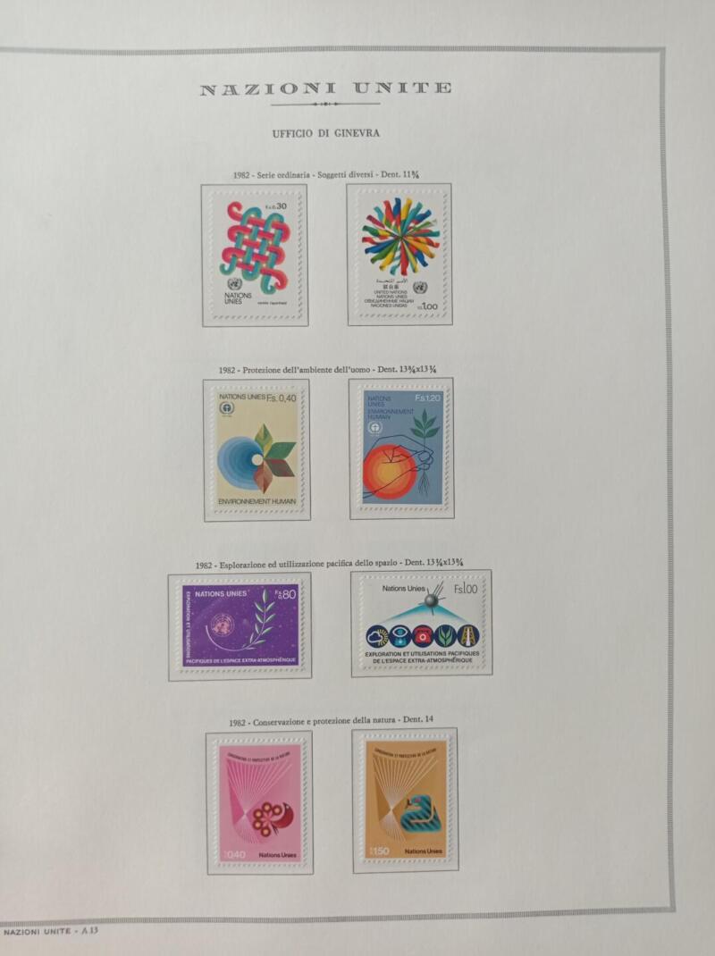 Francobolli Nazioni Unite – Ufficio di Ginevra Anno 1982 Annata completa Montata su foglio Marini King usato (il foglio King è in omaggio)