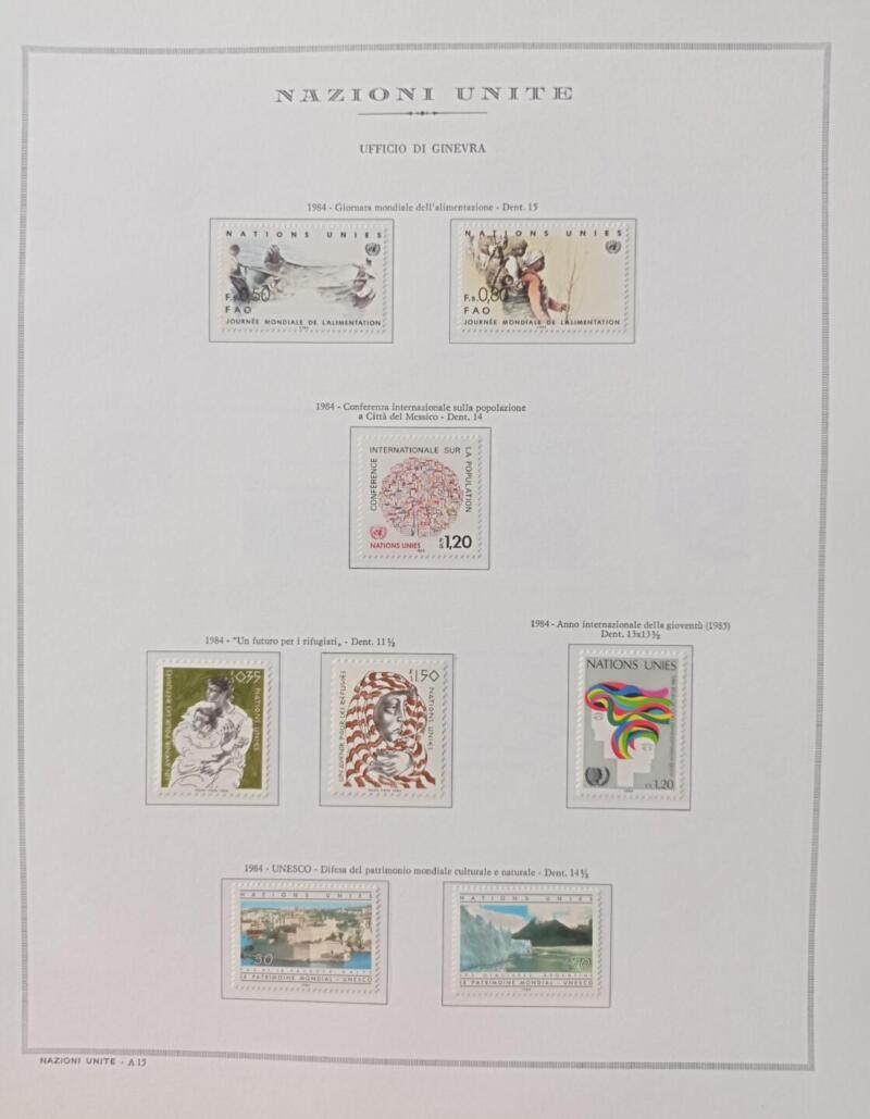 Francobolli Nazioni Unite – Ufficio di Ginevra Anno 1984 Annata completa Montata su foglio Marini King usato (il foglio King è in omaggio)