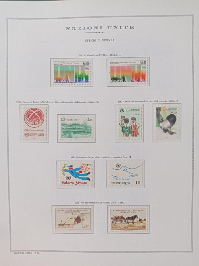 Francobolli Nazioni Unite – Ufficio di Ginevra Anno 1985 Annata completa Montata su foglio Marini King usato (il foglio King è in omaggio)