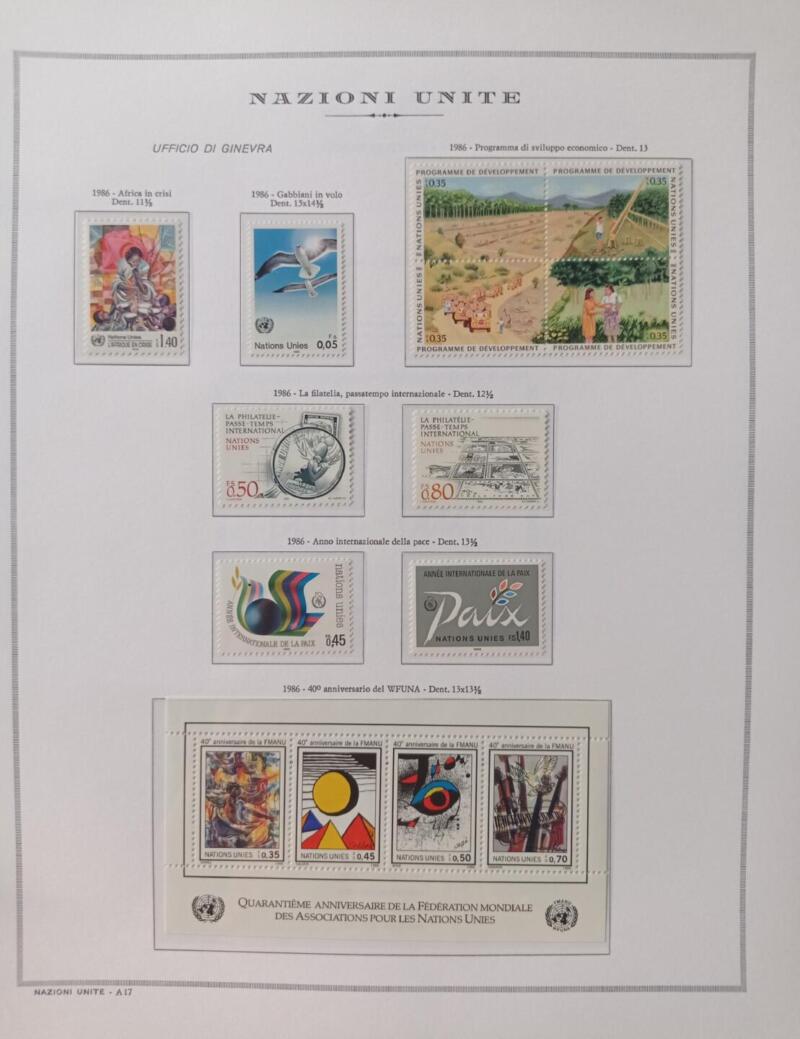 Francobolli Nazioni Unite – Ufficio di Ginevra Anno 1986 Annata completa compreso foglietto Montata su foglio Marini King usato (il foglio King è in omaggio)