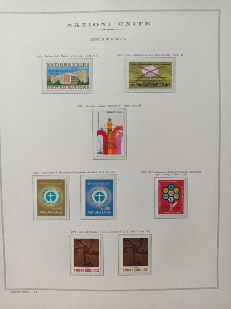 Francobolli Nazioni Unite – Ufficio di Ginevra Anno 1972 Annata completa Montata su foglio Marini King usato (il foglio King è in omaggio)