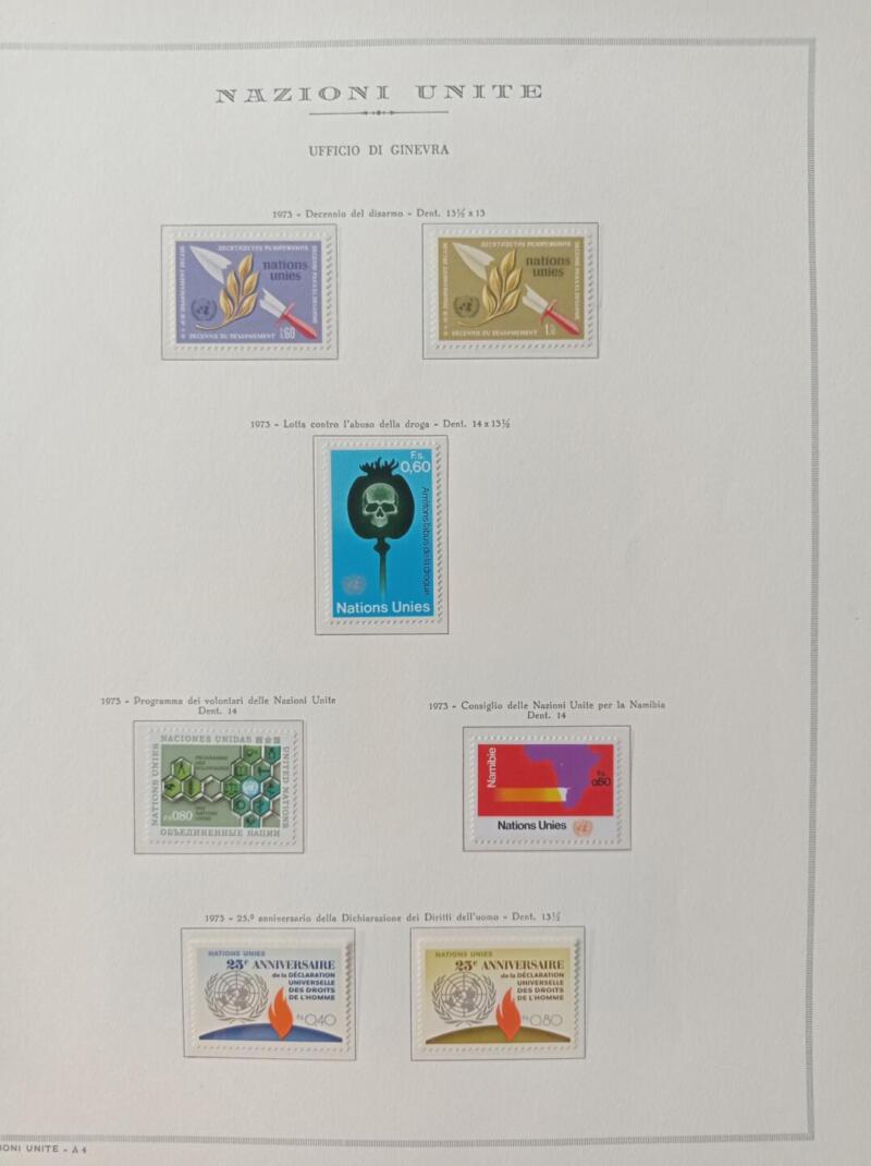 Francobolli Nazioni Unite – Ufficio di Ginevra Anno 1973 Annata completa Montata su foglio Marini King usato (il foglio King è in omaggio)
