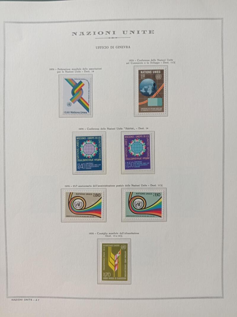 Francobolli Nazioni Unite – Ufficio di Ginevra Anno 1976 Annata completa Montata su foglio Marini King usato (il foglio King è in omaggio)