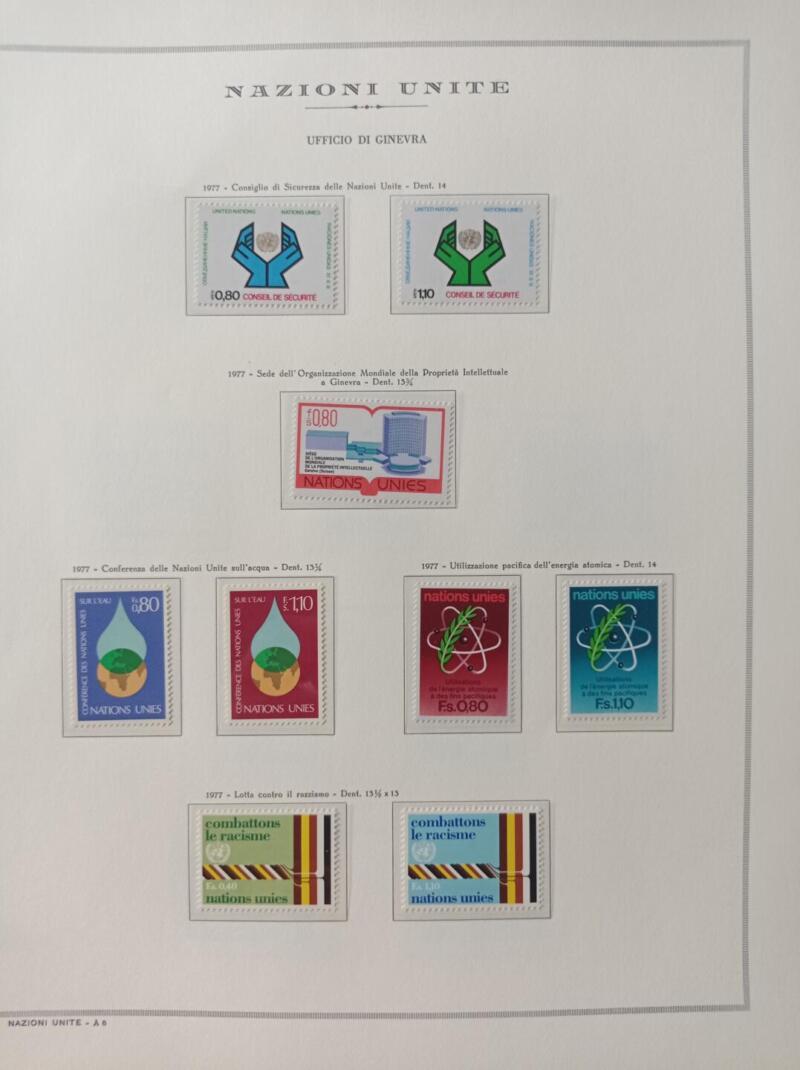 Francobolli Nazioni Unite – Ufficio di Ginevra Anno 1977 Annata completa Montata su foglio Marini King usato (il foglio King è in omaggio)