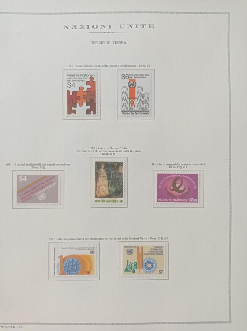 Francobolli Nazioni Unite – Ufficio di Vienna Anno 1981 Annata completa Montata su foglio Marini King usato (il foglio King è in omaggio)