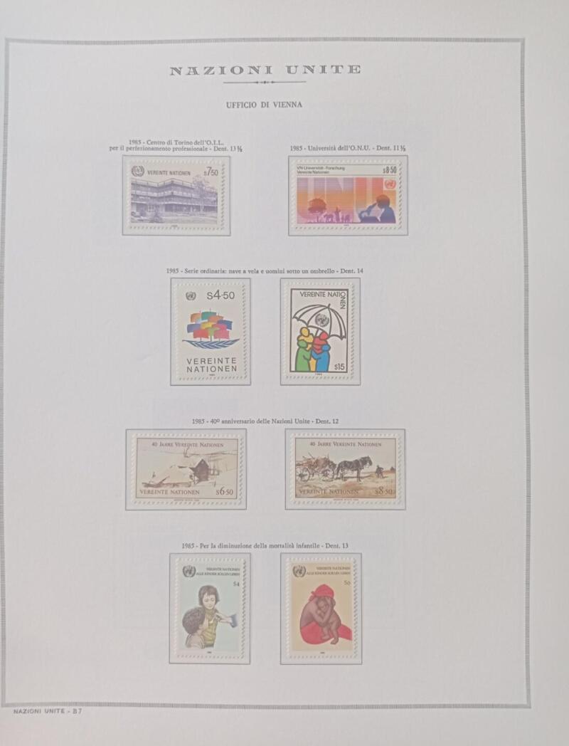 Francobolli Nazioni Unite – Ufficio di Vienna Anno 1985 Annata completa Montata su foglio Marini King usato (il foglio King è in omaggio)
