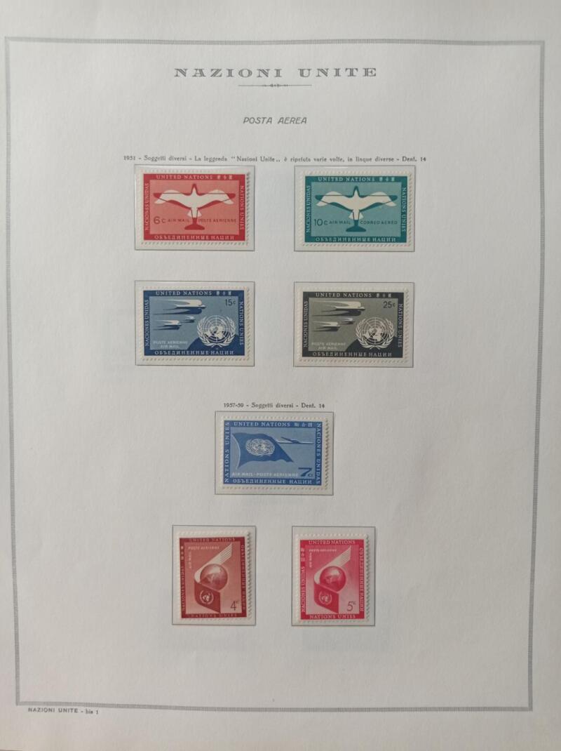 Francobolli Nazioni Unite - Ufficio di New York Anno 1951 e 1957-1959 Posta Aerea Montati su Foglio Marini King (il foglio King è in omaggio)