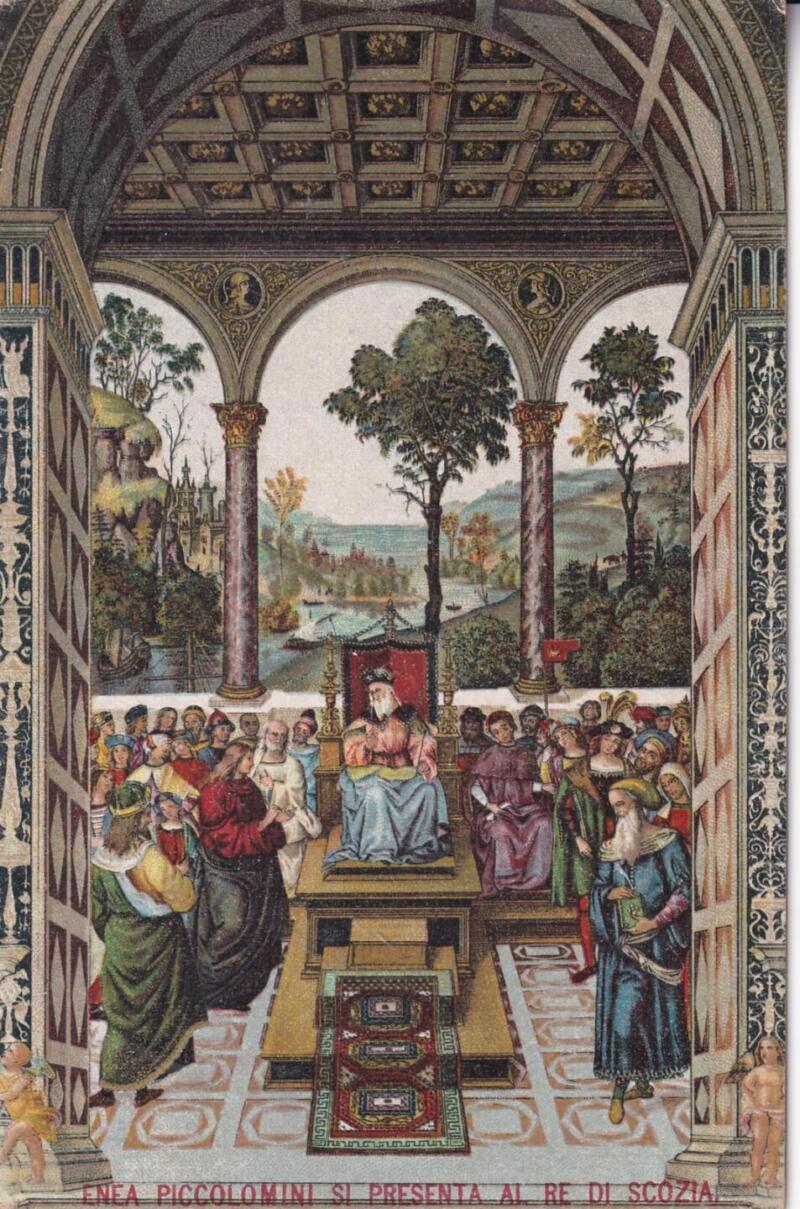 Cartolina d'epoca Serie Enea Piccolomini - Enea Piccolomini si presenta al Re di Scozia Secondo Quadro