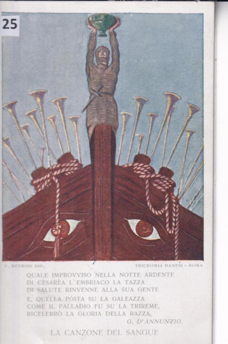 Cartolina d'epoca a soggetto militare Lega Navale Mare Nostrum - con testo La canzone del sangue di Gabriele D'Annunzio