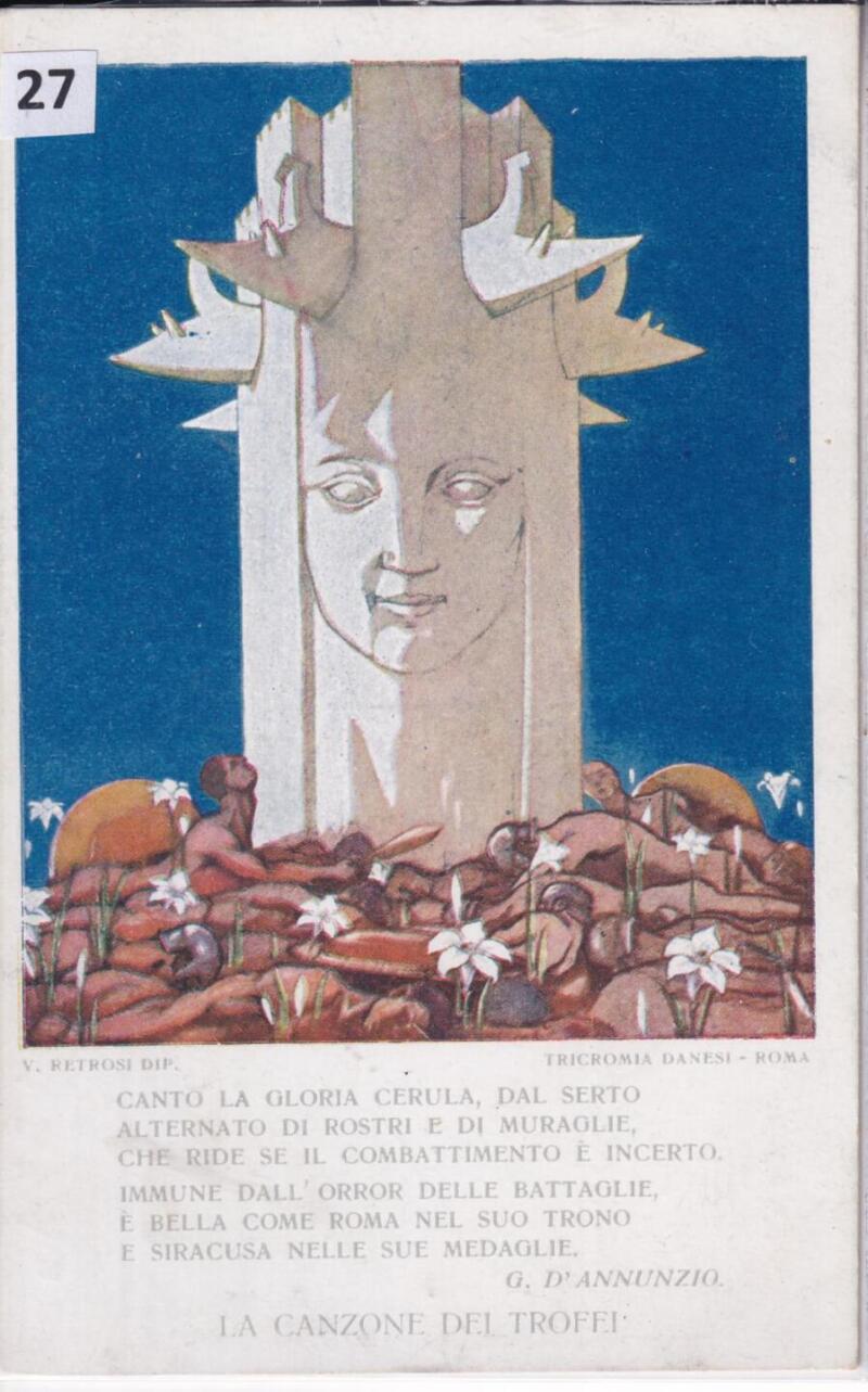 Cartolina d'epoca a soggetto militare Lega Navale Mare Nostrum - con testo La canzone dei trofei di Gabriele D'Annunzio