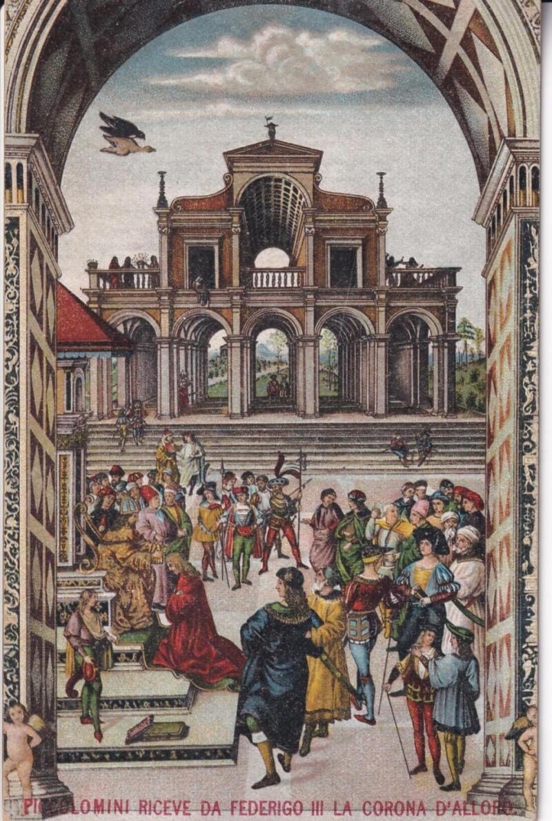 Cartolina d'epoca Serie Enea Piccolomini - Piccolomini riceve da Federico III la Corona d'alloro Terzo Quadro