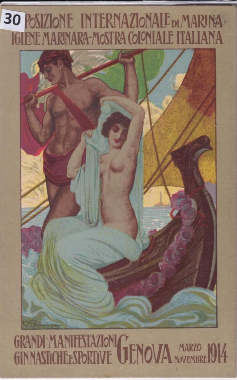 Cartolina d'epoca pubblicitaria Grandi manifestazioni ginnastiche e sportive Genova marzo novembre 1914