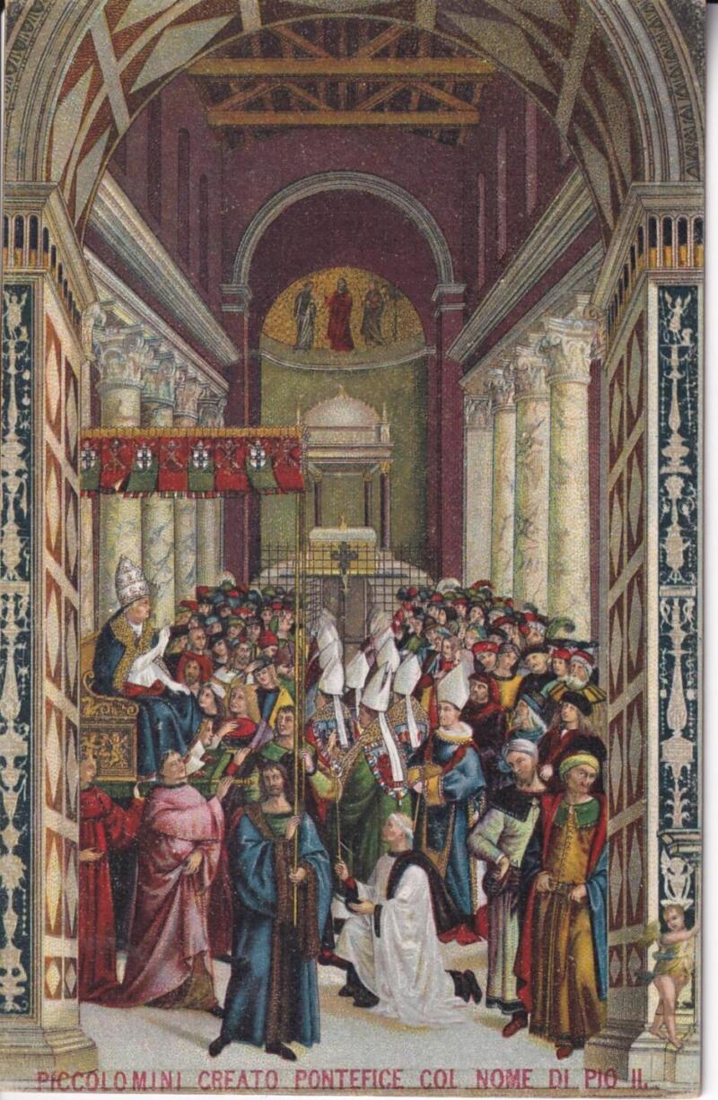 Cartolina d'epoca Serie Enea Piccolomini - Piccolomini creato Pontefice col nome di Pio II Settimo Quadro